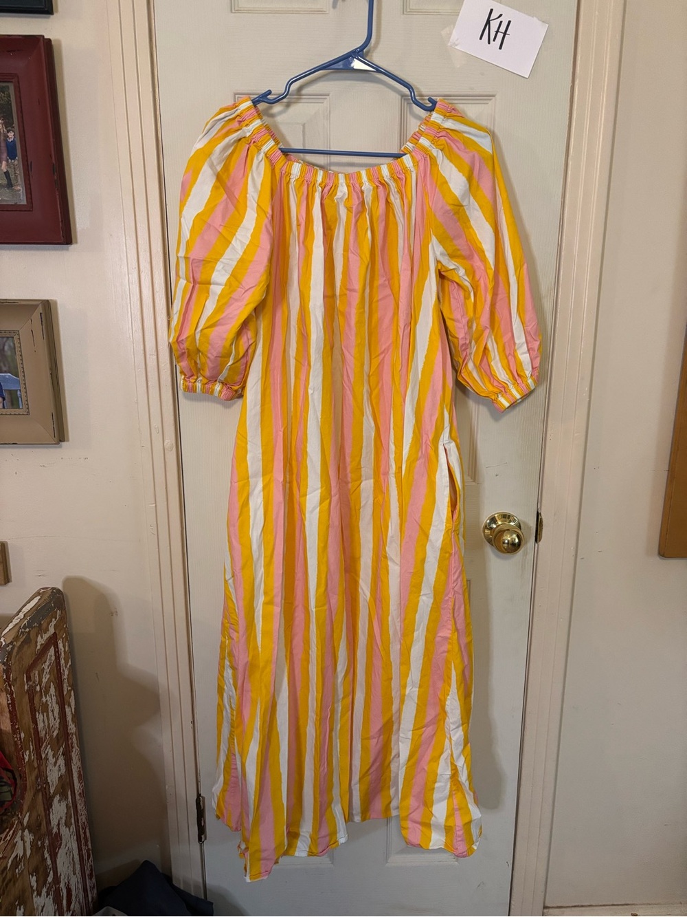 Striped Off-Shoulder Maxi Dress in Pink, Yellow & White sunshine tienda